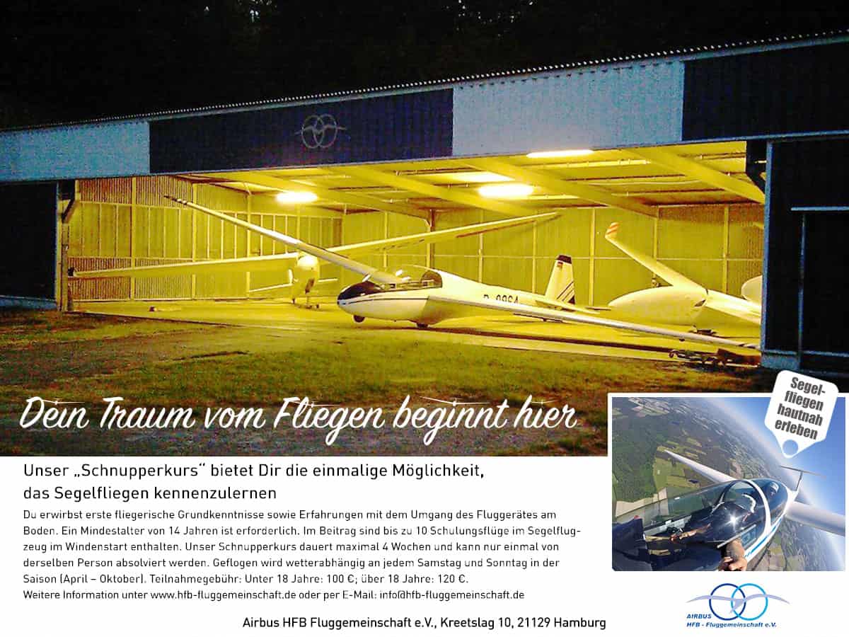 WasWoFinden_AirbusSchnupperkurs Segelflugzeug steht in beleuchteter Halle