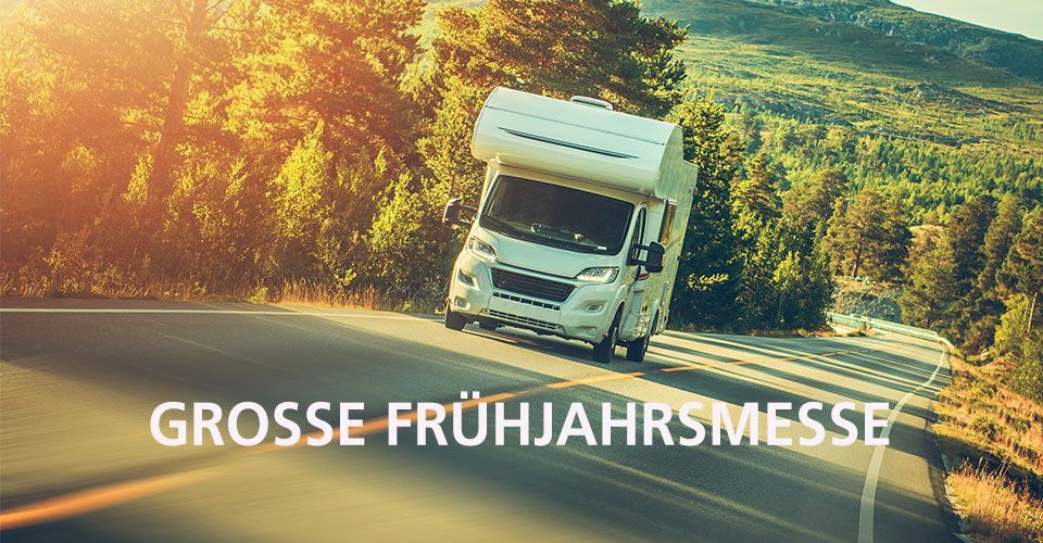 Caravan fährt auf einer Straße durch ein Waldgebiet